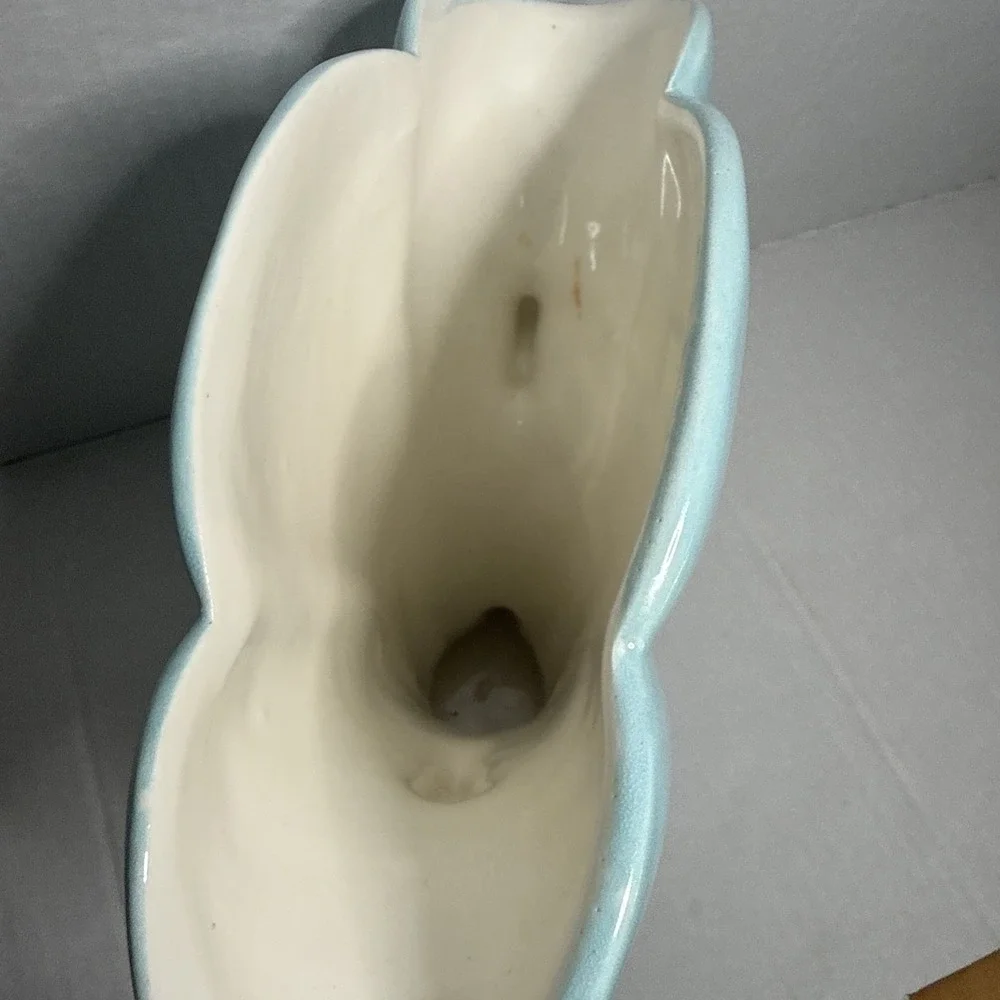 Vintage '72 Studio Art Deco Pottery Fan Vase Turquoise Scroll Handles Signed